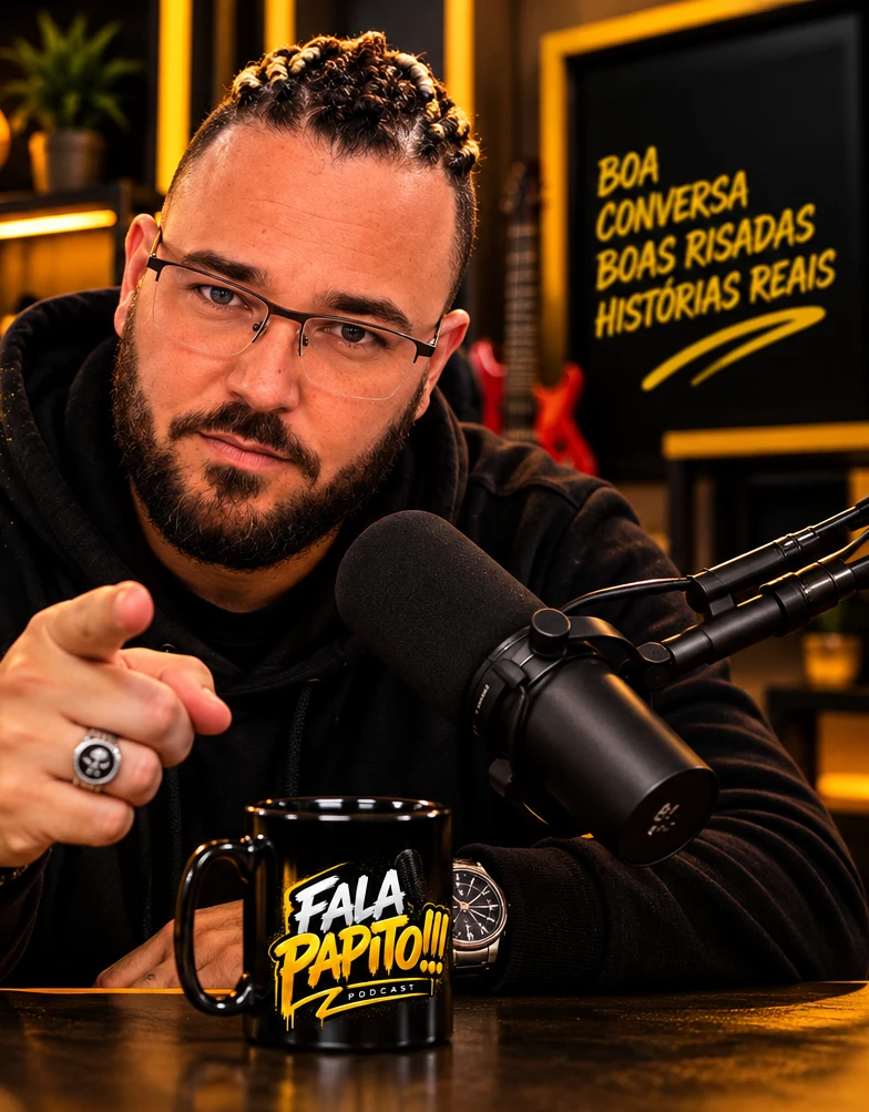Victo San Joan, o Papito, apontando para a câmera no estúdio