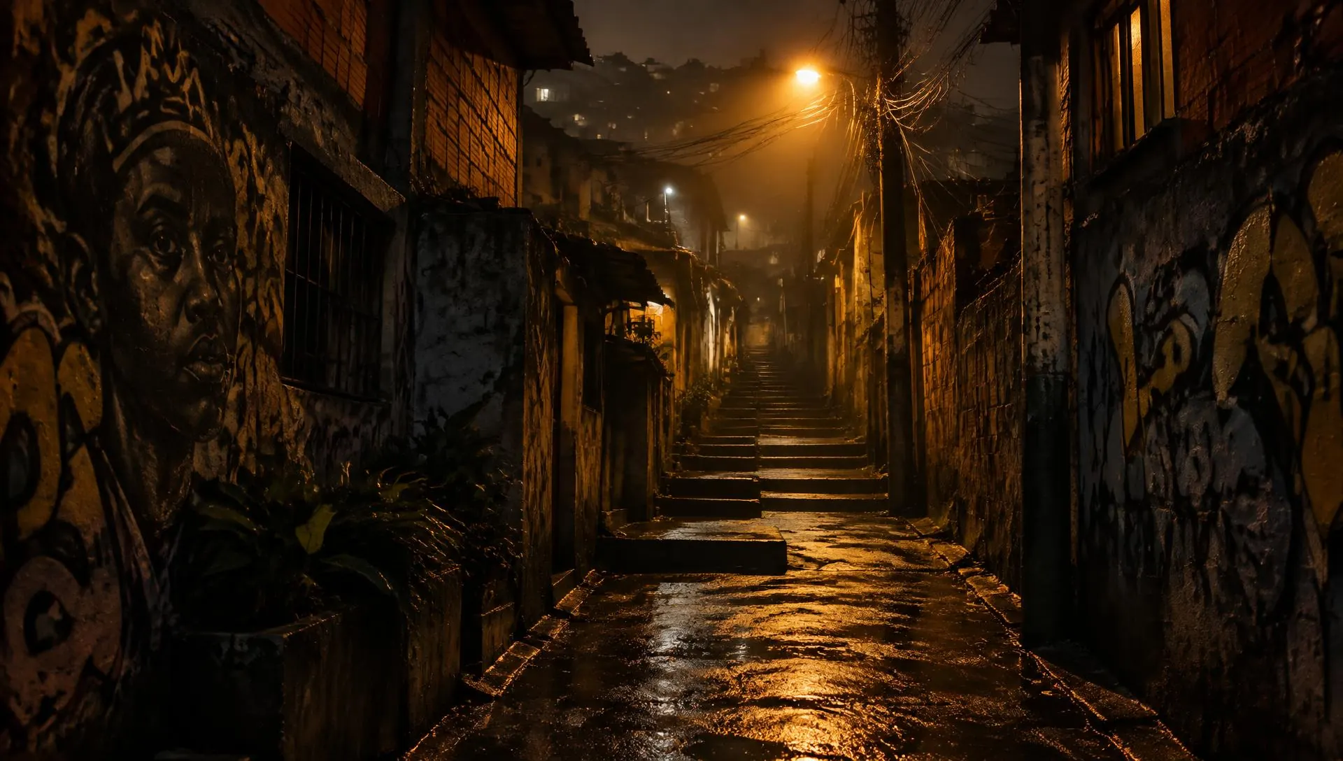 Viela de periferia à noite, iluminada por um poste âmbar